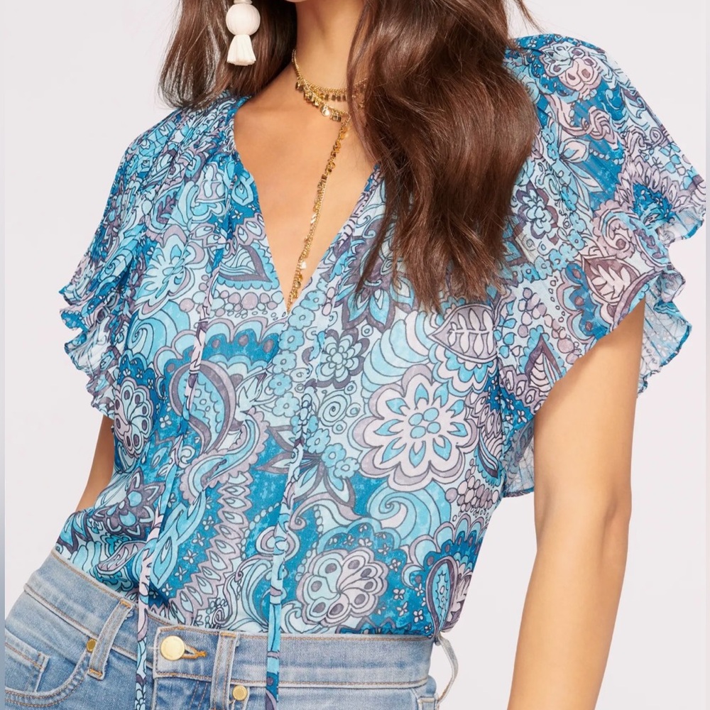 Ramy Brook Carmen Printed Flutter Sleeve Top *NWT* Xs